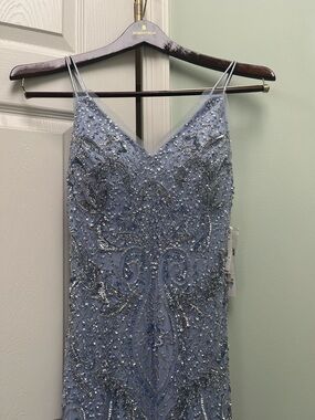 NWT Aidan Mattox Beaded Embellished Blue Evening Column Gown 00